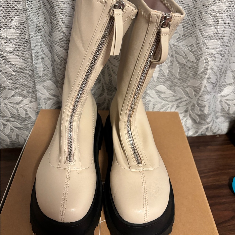 Urban Outfitters Cream Moto Boots with Zipper